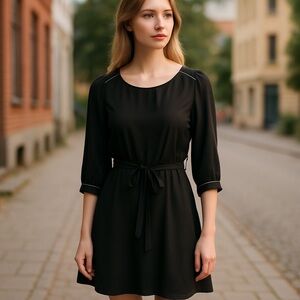 H&M Black Belted 3/4 Sleeve Fit & Flare Lined Dress w/ Mini Bead Detail- Size 6